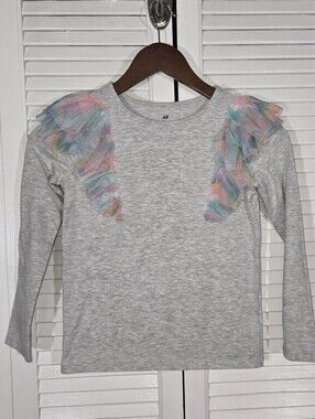 H&M Rainbow Flounce Trimmed Long Sleeve Jersey Gray Marl Top Sz 8/10
